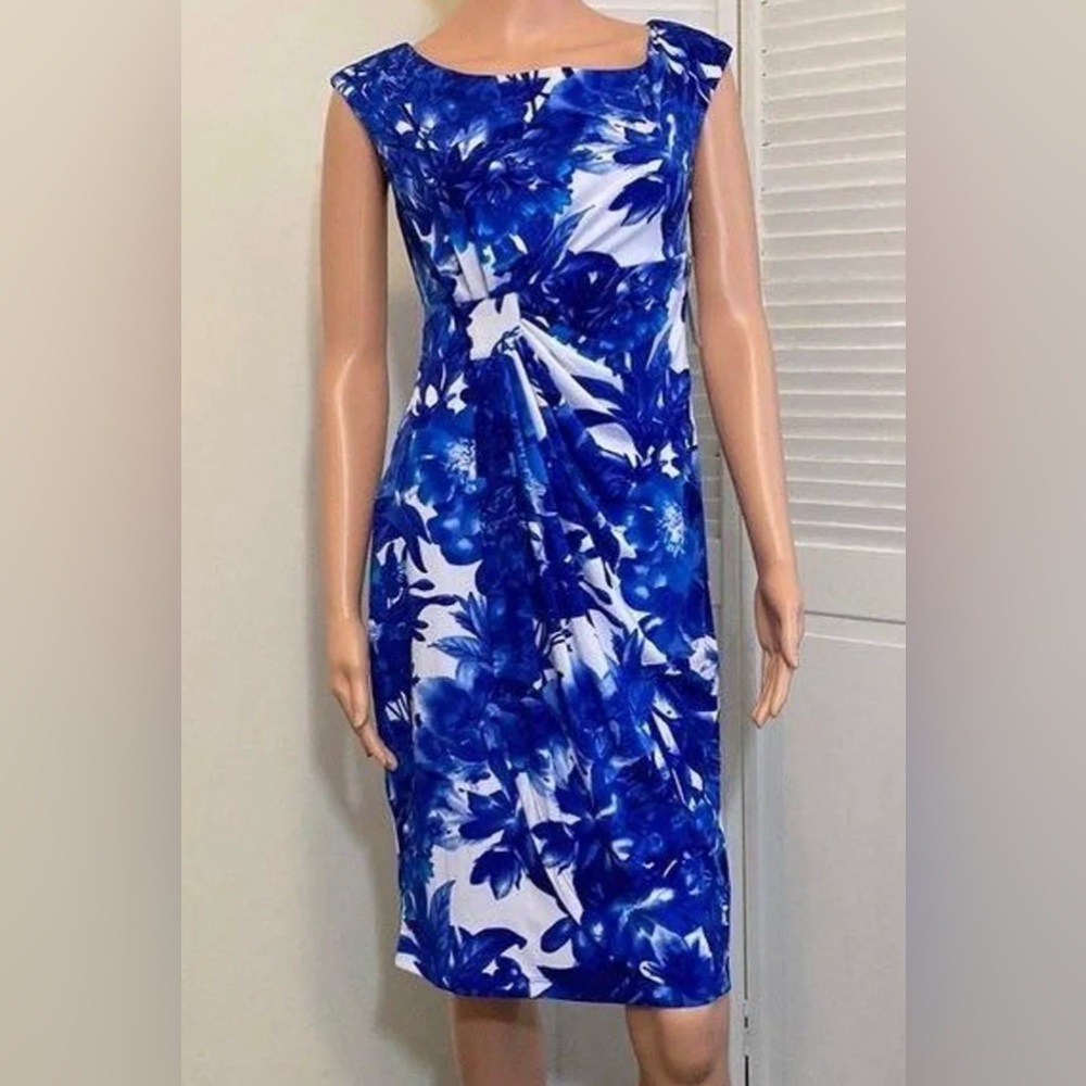 NWT Women’s Size 6 Connected Apparel blue floral twist front dress sheath